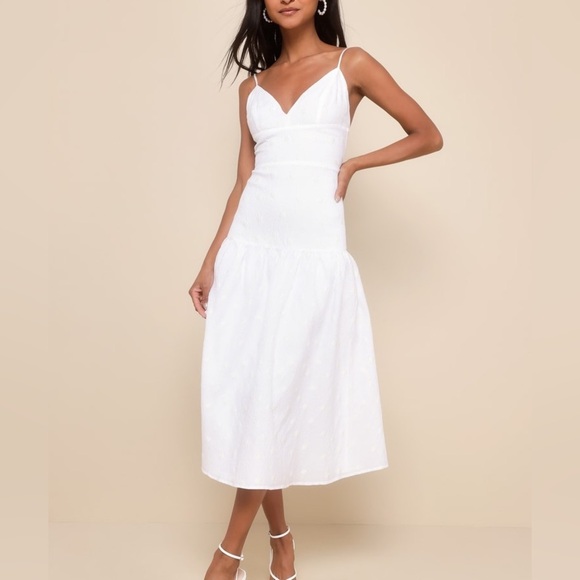 Lulu's Serene Charm White Textured Embroidered Flower Drop Waist Midi Dress - Picture 1 of 10